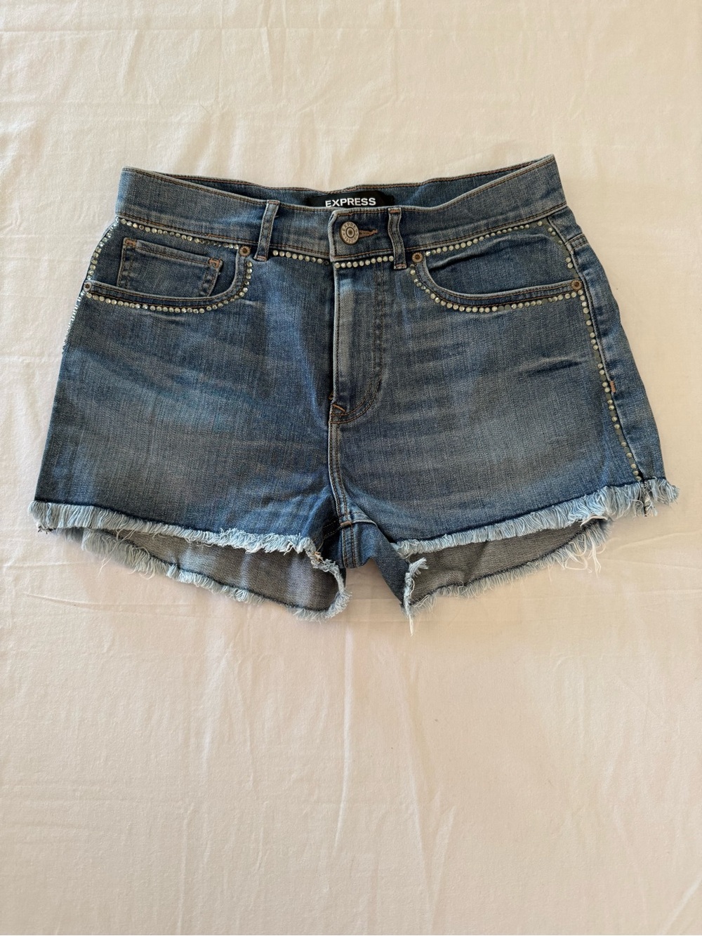 Express Dark Blue Denim Shorts with Stud Trim